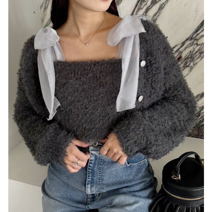 キラキラボタンチュールフェザーショートカーディガン[品番