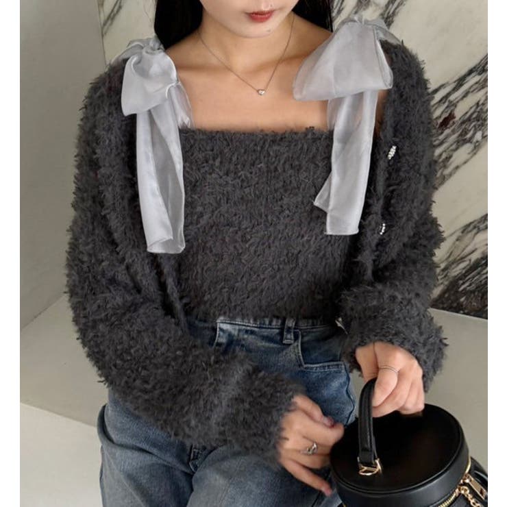 キラキラボタンチュールフェザーショートカーディガン[品番