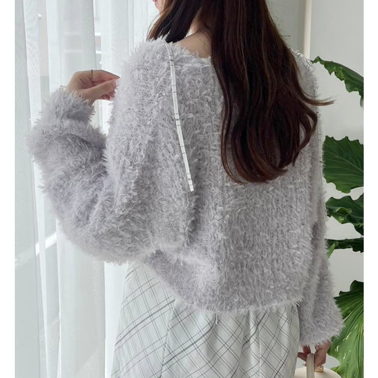 キラキラボタンチュールフェザーショートカーディガン[品番