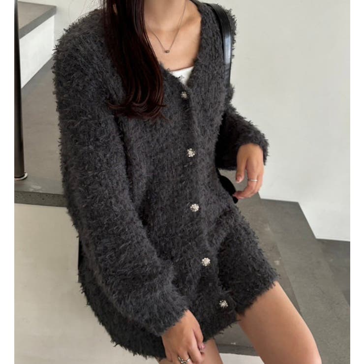 キラキラボタンチュールフェザーロングカーディガン[品番