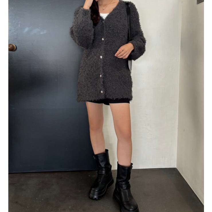 キラキラボタンチュールフェザーロングカーディガン[品番：NCLW0014698