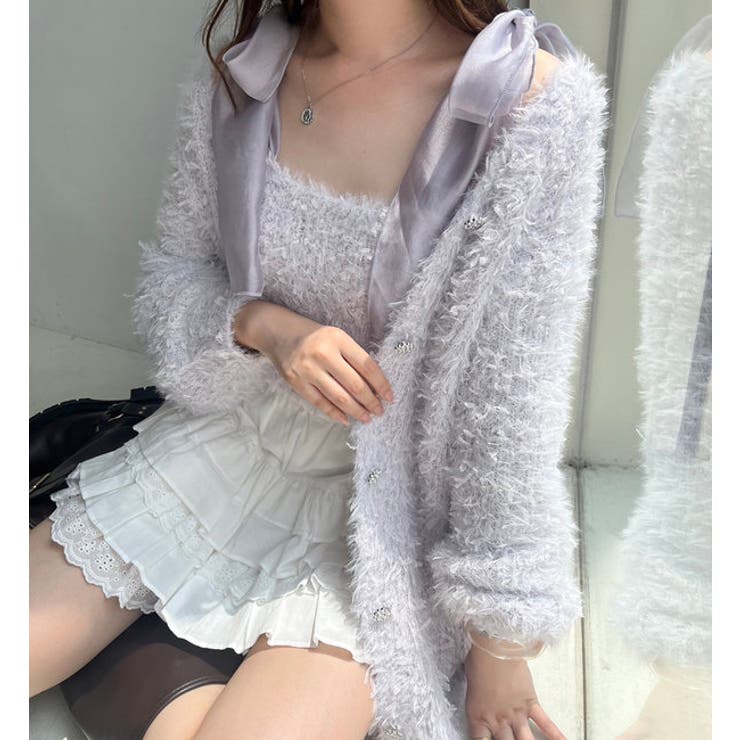 キラキラボタンチュールフェザーロングカーディガン[品番：NCLW0014698