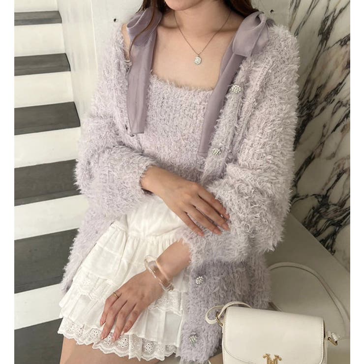 キラキラボタンチュールフェザーロングカーディガン[品番：NCLW0014698