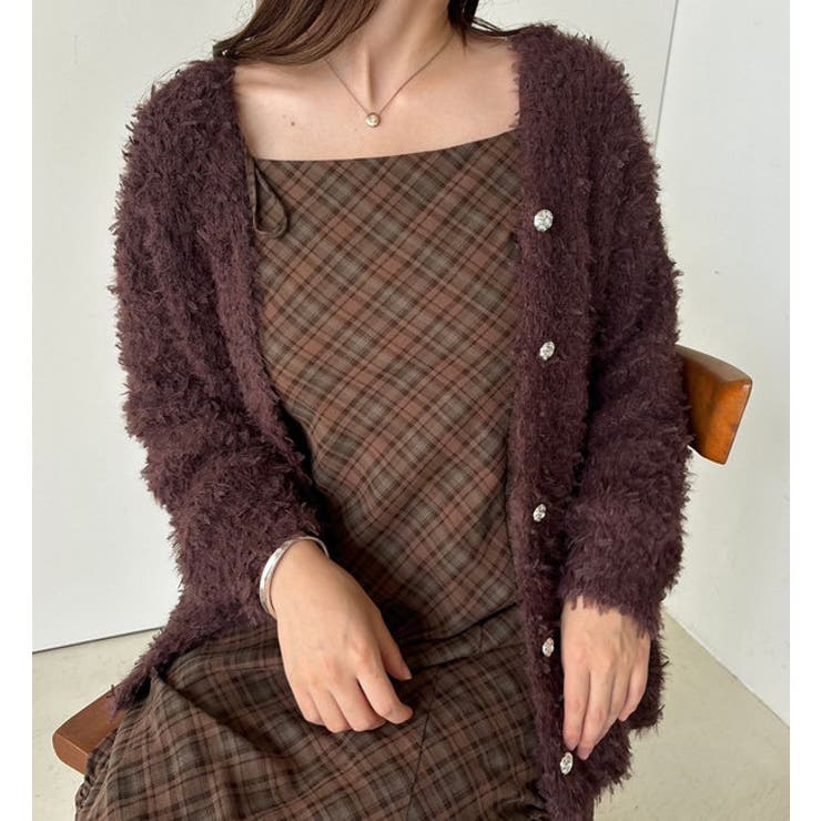 キラキラボタンチュールフェザーロングカーディガン[品番：NCLW0014698