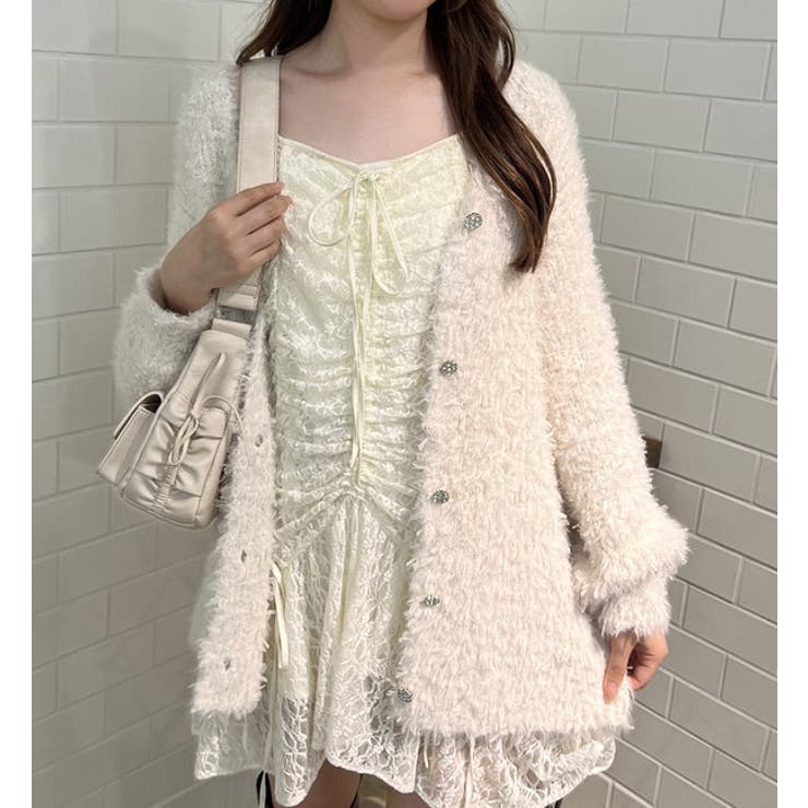 キラキラボタンチュールフェザーロングカーディガン[品番：NCLW0014698