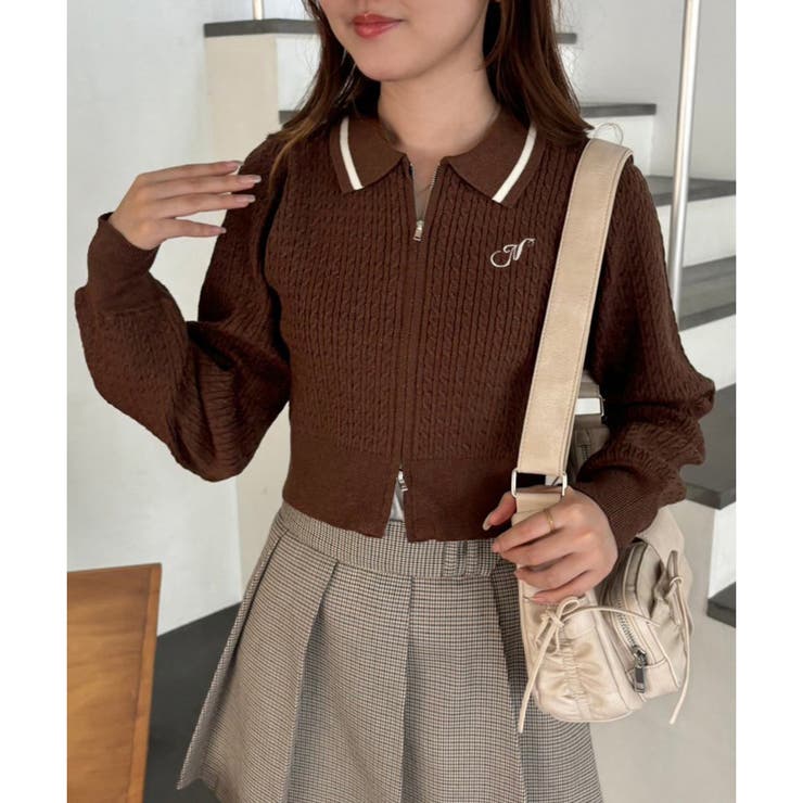 ブラウン | ワンポイント刺しゅうダブルジップラメニット | NICE CLAUP / OLIVE des OLIVE　OUTLET