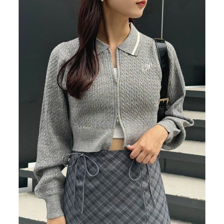 チャコール | ワンポイント刺しゅうダブルジップラメニット | NICE CLAUP / OLIVE des OLIVE　OUTLET