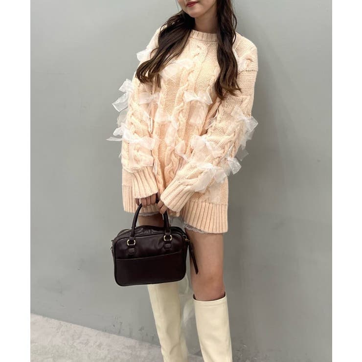 ナイスクラップ メリーカールチュニックニット 肩リボンレースキャミ