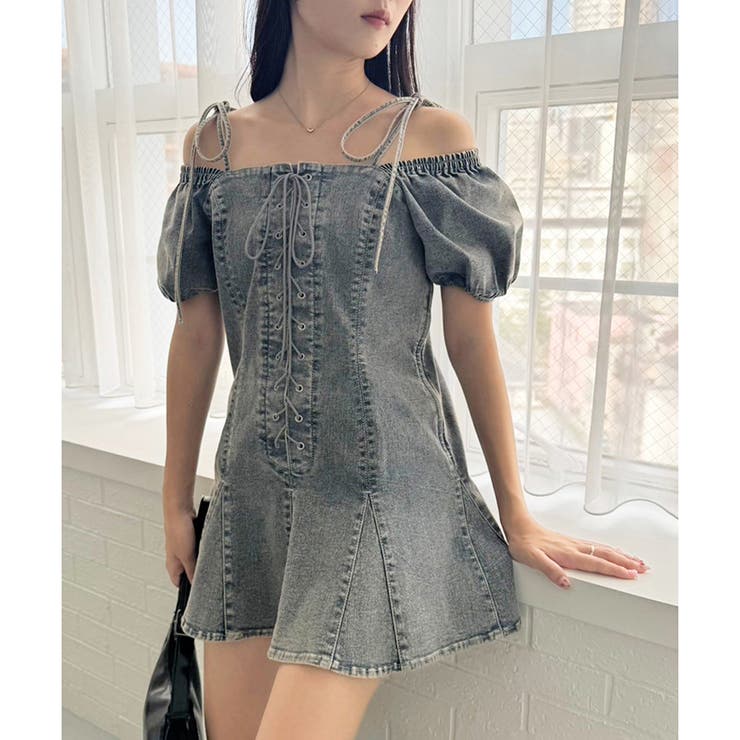 one after another】レースアップデニムミニワンピース[品番