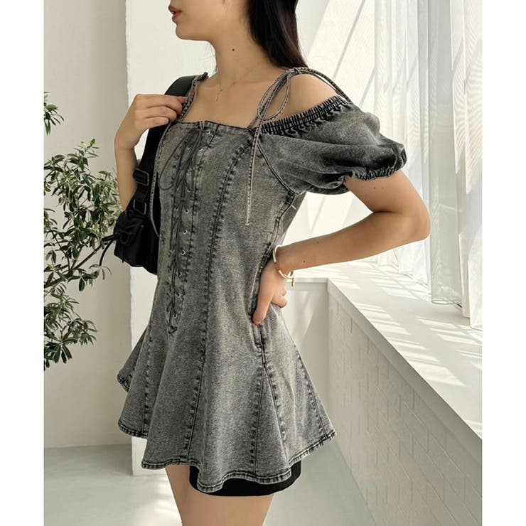 one after another】レースアップデニムミニワンピース[品番