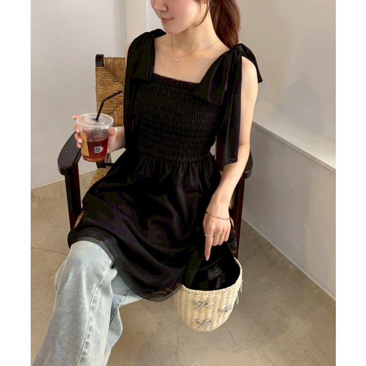 ブラック | 【one after another】肩リボンシャーリングビスチェ | NICE CLAUP / OLIVE des OLIVE　OUTLET