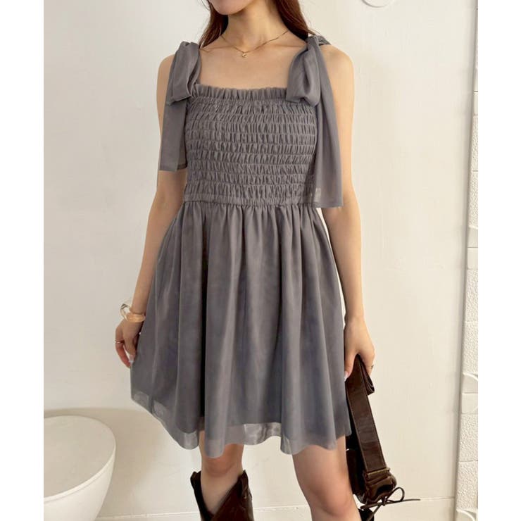 チャコール | 【one after another】肩リボンシャーリングビスチェ | NICE CLAUP / OLIVE des OLIVE　OUTLET