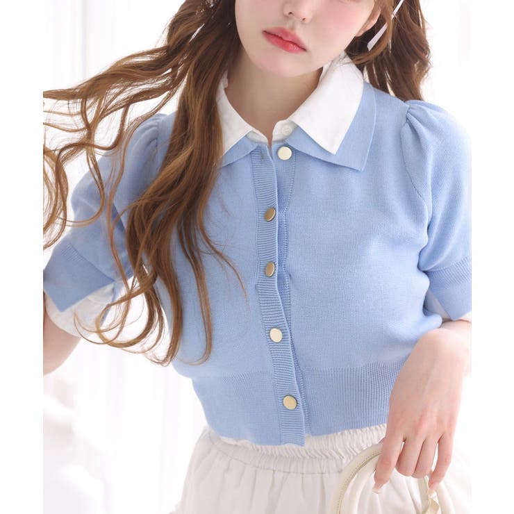 サックス | 【one after another】今期トレンド/重ね襟半袖ニット | NICE CLAUP / OLIVE des OLIVE　OUTLET