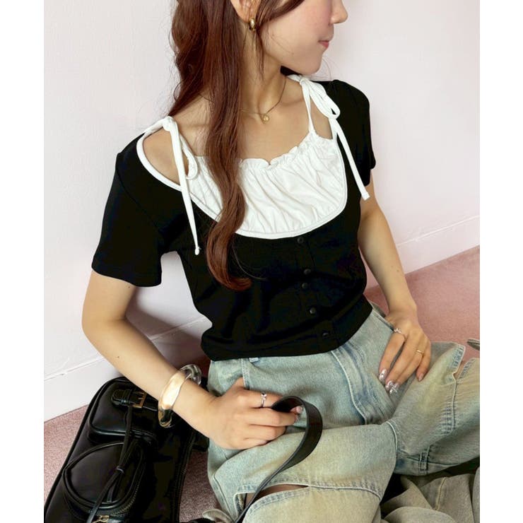 ブラック | 【one after another】レイヤード半袖トップス | NICE CLAUP / OLIVE des OLIVE　OUTLET