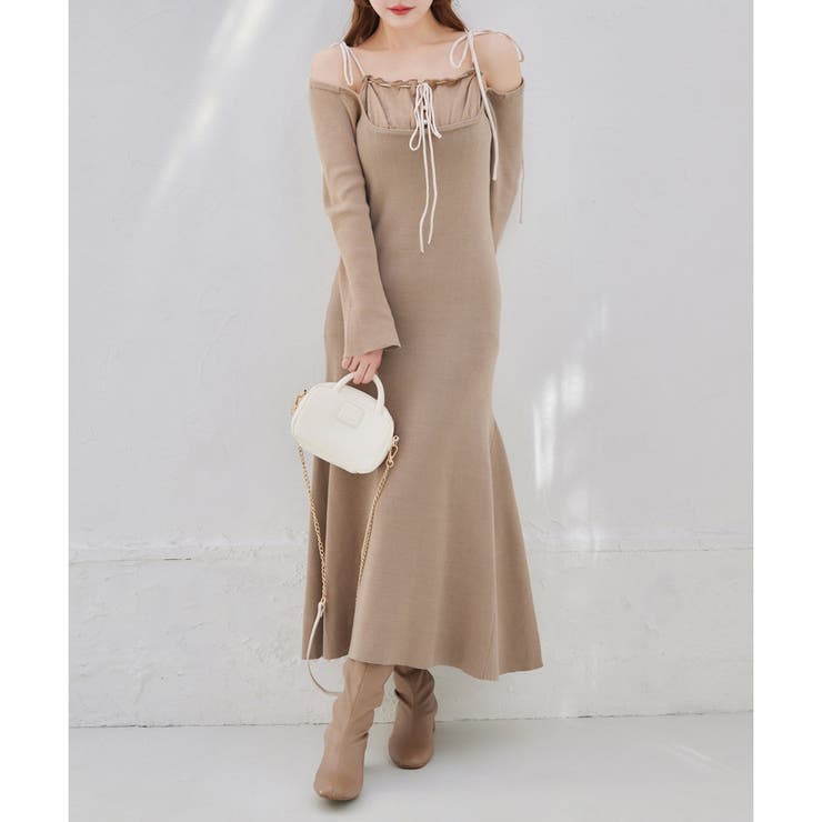 モカ | 肩リボン配色ワンピース | NICE CLAUP / OLIVE des OLIVE　OUTLET