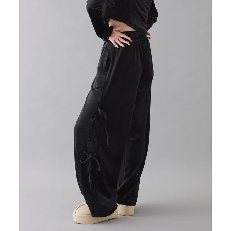 ブラック | サイドレースベロアリボンパンツ | NICE CLAUP / OLIVE des OLIVE　OUTLET