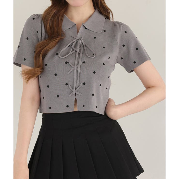 グレー | 【one after another】レースアップポロドットニット | NICE CLAUP / OLIVE des OLIVE　OUTLET