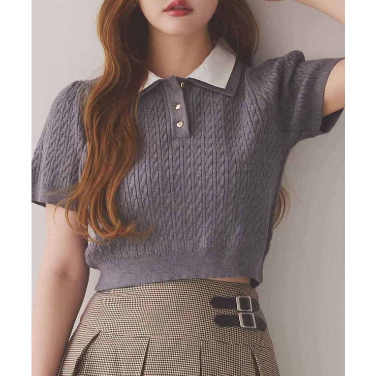 【one after another】２枚衿ケーブル半袖ニット | NICE CLAUP / OLIVE des OLIVE　OUTLET | 詳細画像1 