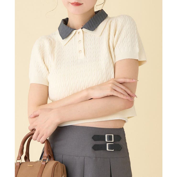 【one after another】２枚衿ケーブル半袖ニット | NICE CLAUP / OLIVE des OLIVE　OUTLET | 詳細画像4 