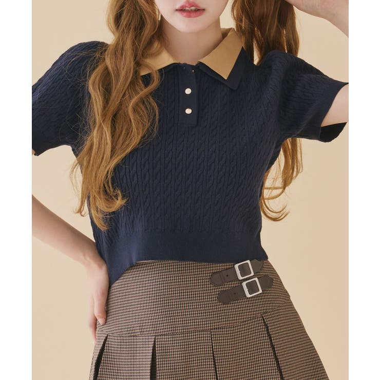 ネイビー | 【one after another】２枚衿ケーブル半袖ニット | NICE CLAUP / OLIVE des OLIVE　OUTLET