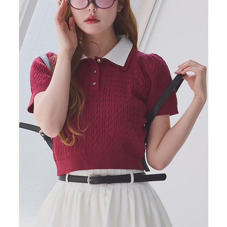 ボルドー | 【one after another】２枚衿ケーブル半袖ニット | NICE CLAUP / OLIVE des OLIVE　OUTLET