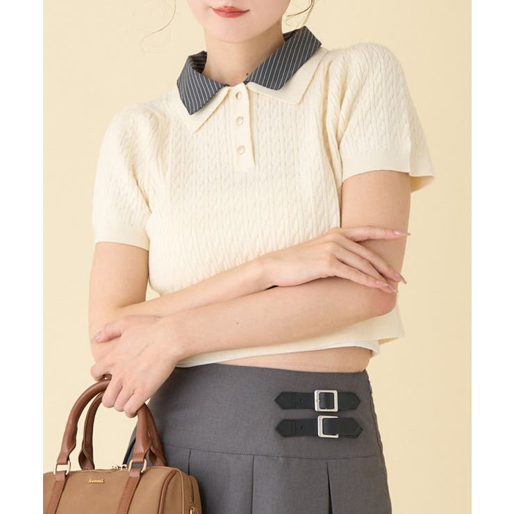 アイボリー | 【one after another】２枚衿ケーブル半袖ニット | NICE CLAUP / OLIVE des OLIVE　OUTLET