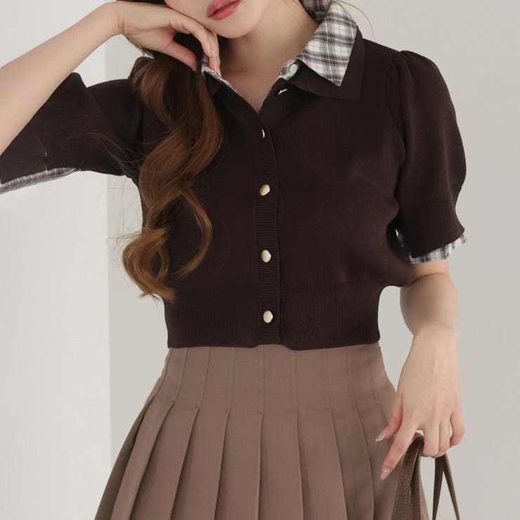 ブラウン | 【one after another】重ね襟半袖ニット | NICE CLAUP / OLIVE des OLIVE　OUTLET