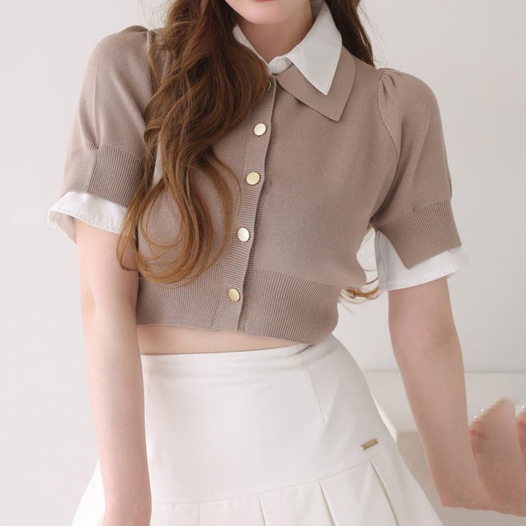 ベージュ | 【one after another】重ね襟半袖ニット | NICE CLAUP / OLIVE des OLIVE　OUTLET