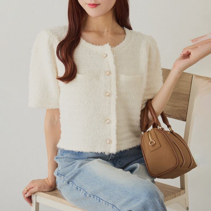 オフ | 【one after another】ゴールドボタン半袖ツイード風カーディガン | NICE CLAUP / OLIVE des OLIVE　OUTLET