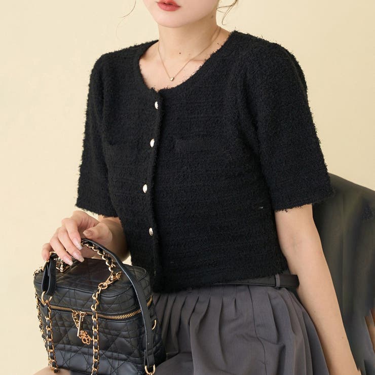 ブラック | 【one after another】ゴールドボタン半袖ツイード風カーディガン | NICE CLAUP / OLIVE des OLIVE　OUTLET