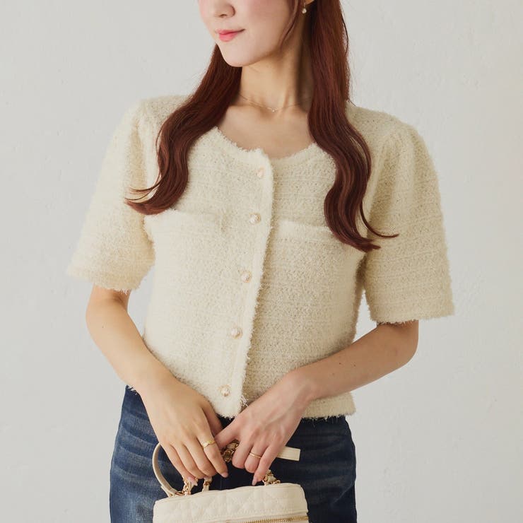 アイボリー | 【one after another】ゴールドボタン半袖ツイード風カーディガン | NICE CLAUP / OLIVE des OLIVE　OUTLET