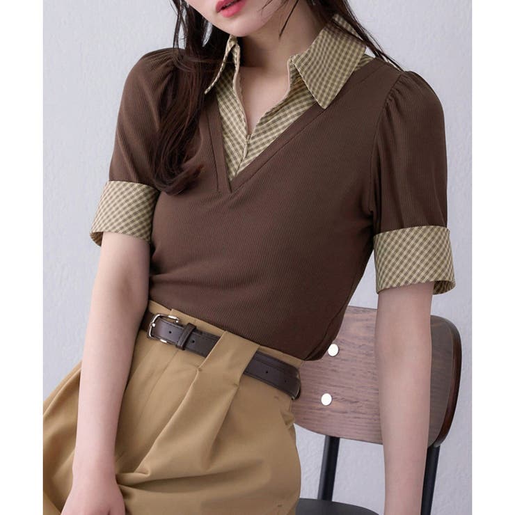 ブラウン | 【one after another】チェックレイヤードドッキングトップス | NICE CLAUP / OLIVE des OLIVE　OUTLET
