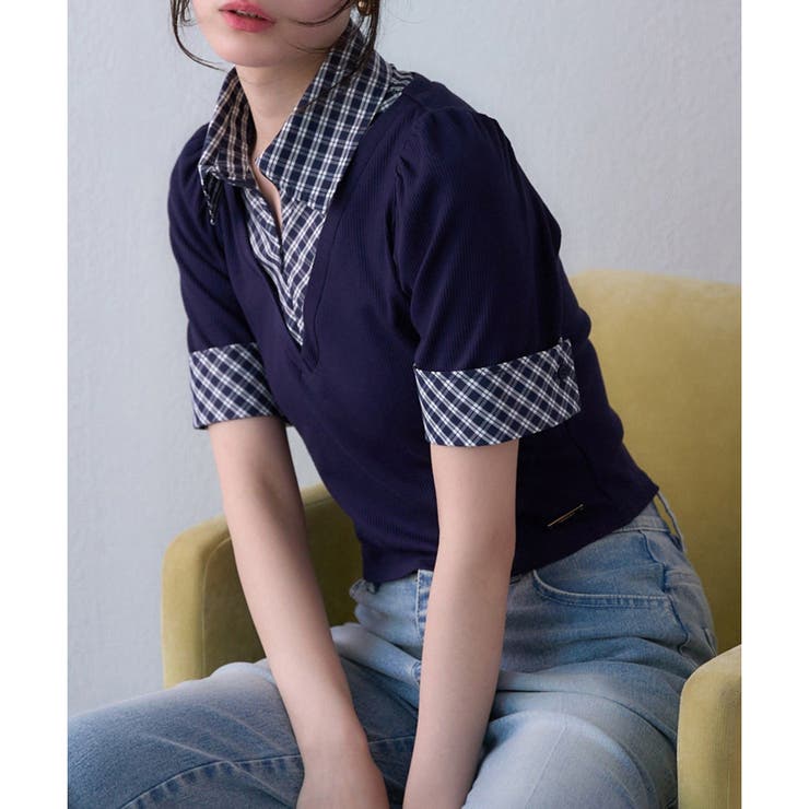 ネイビー | 【one after another】チェックレイヤードドッキングトップス | NICE CLAUP / OLIVE des OLIVE　OUTLET