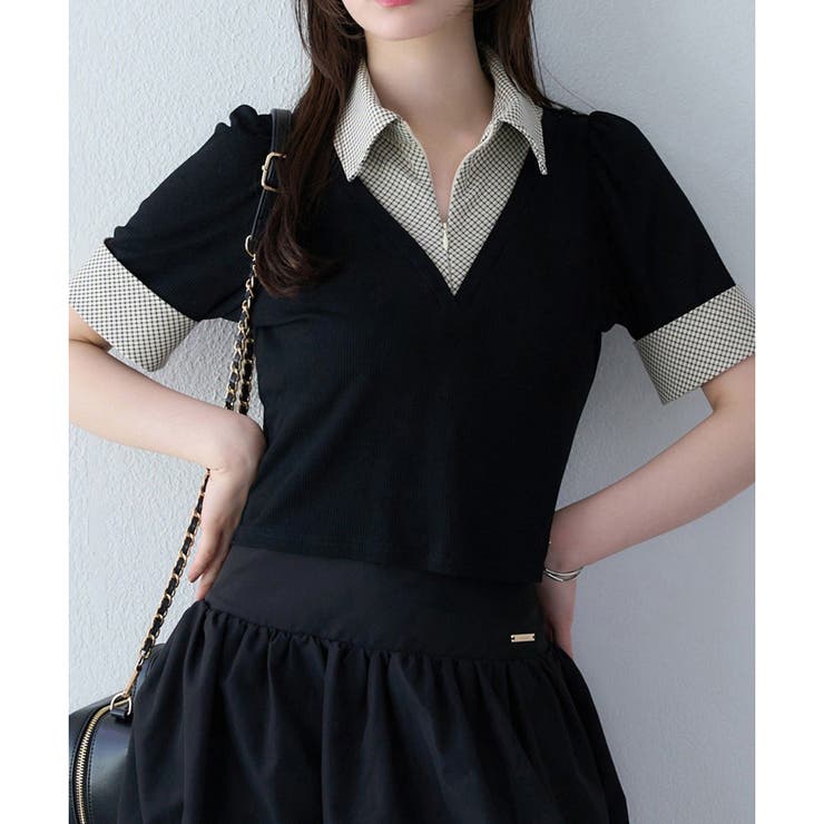 ブラック | 【one after another】チェックレイヤードドッキングトップス | NICE CLAUP / OLIVE des OLIVE　OUTLET