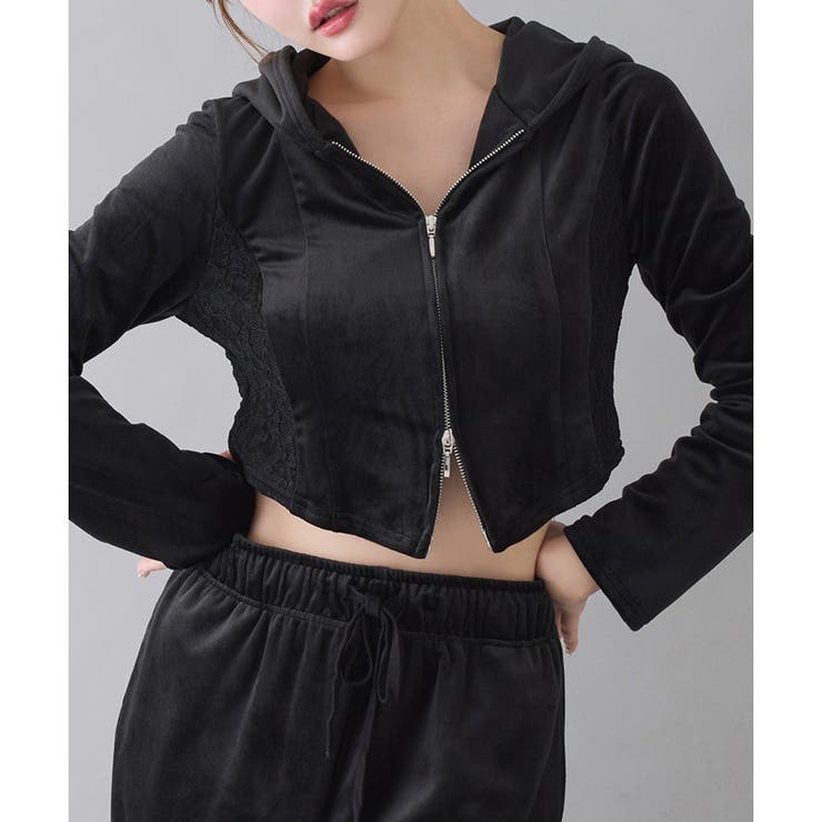 ブラック | サイドレースベロアパーカー | NICE CLAUP / OLIVE des OLIVE　OUTLET