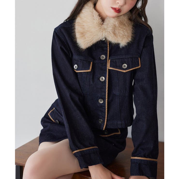 ネイビー | 【one after another】襟ファー配色ジャケット | NICE CLAUP / OLIVE des OLIVE　OUTLET