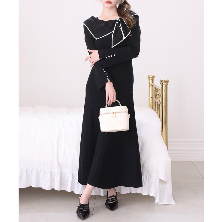 ブラック | 【one after another】異素材リボンニットロングワンピース | NICE CLAUP / OLIVE des OLIVE　OUTLET