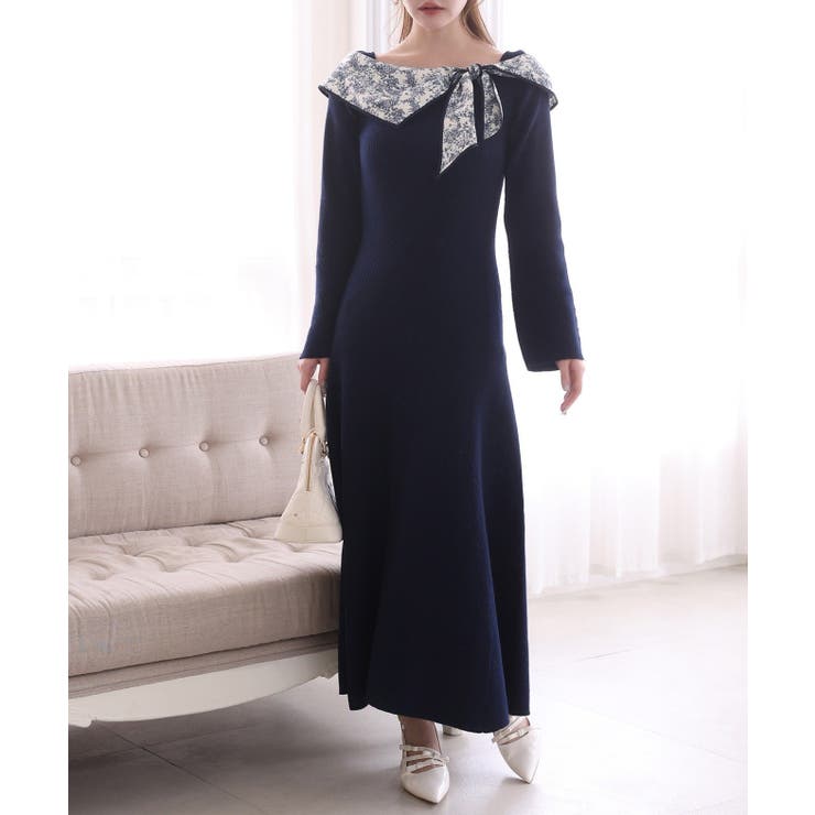 ネイビー | 【one after another】異素材リボンニットロングワンピース | NICE CLAUP / OLIVE des OLIVE　OUTLET