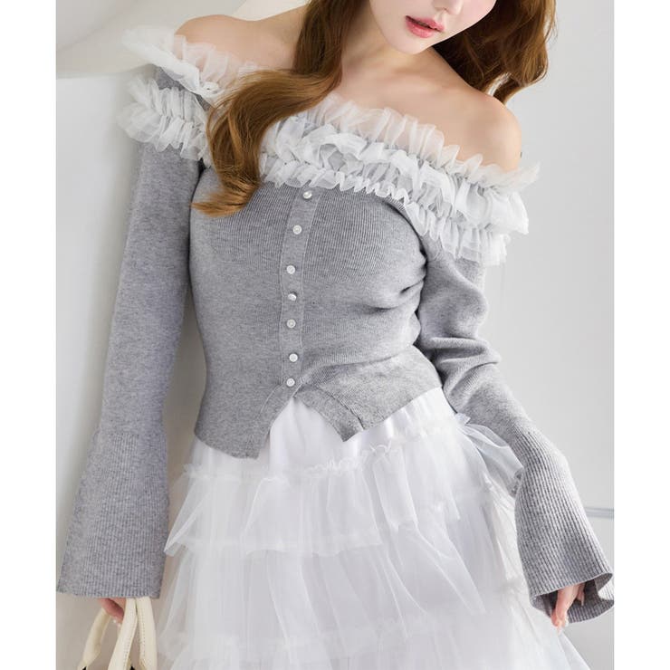 【one after another】チュールフリルオフショルニット | NICE CLAUP / OLIVE des OLIVE　OUTLET | 詳細画像1 