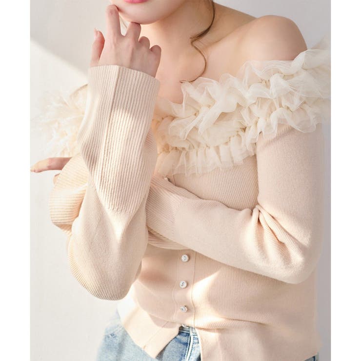 ピンク | 【one after another】チュールフリルオフショルニット | NICE CLAUP / OLIVE des OLIVE　OUTLET