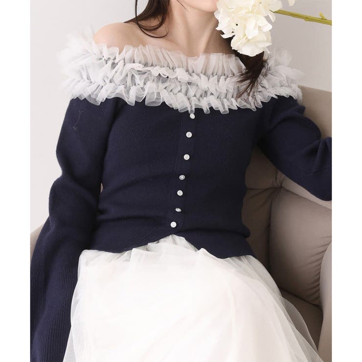 ネイビー | 【one after another】チュールフリルオフショルニット | NICE CLAUP / OLIVE des OLIVE　OUTLET