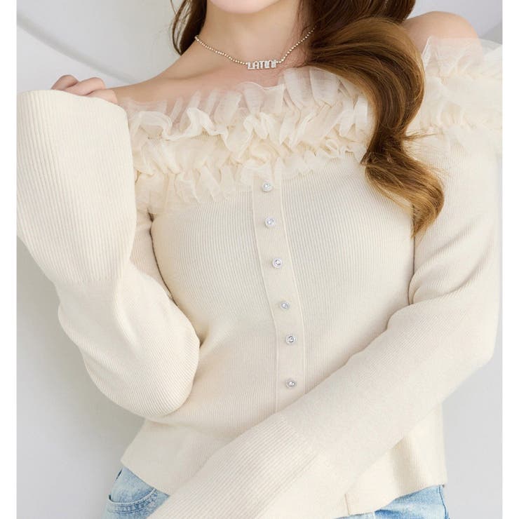 オフホワイト | 【one after another】チュールフリルオフショルニット | NICE CLAUP / OLIVE des OLIVE　OUTLET