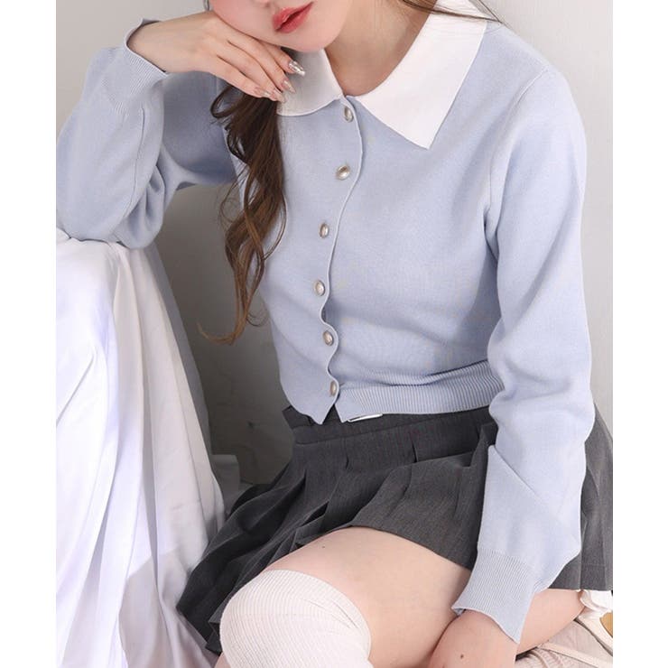 サックス | 【one after another】配色襟付きニット | NICE CLAUP / OLIVE des OLIVE　OUTLET