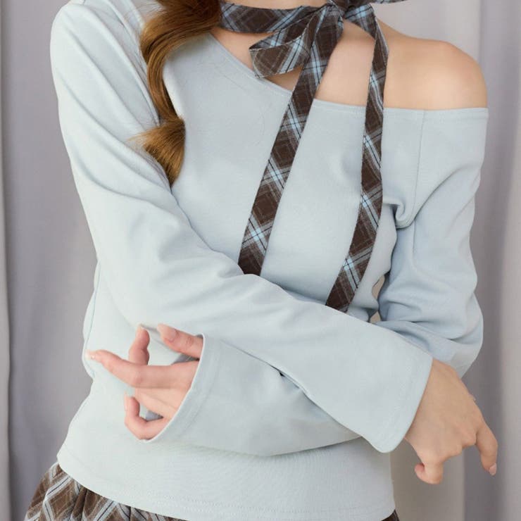 サックス | 【one after another】リボンタイ ワンショルカットトップス | NICE CLAUP / OLIVE des OLIVE　OUTLET