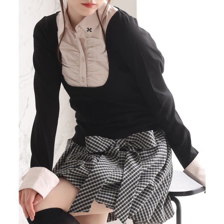 ブラック | 【one after another】ロゴ刺繡レイヤードトップス | NICE CLAUP / OLIVE des OLIVE　OUTLET