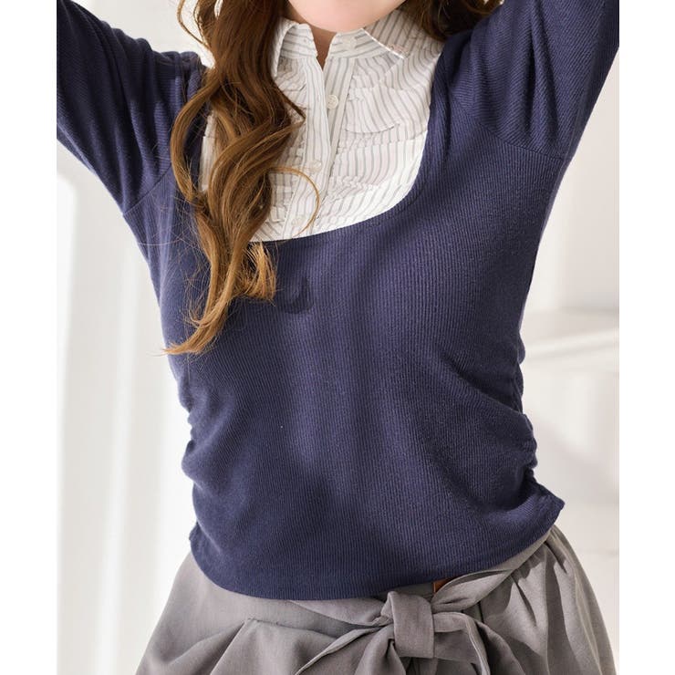 ネイビー | 【one after another】ロゴ刺繡レイヤードトップス | NICE CLAUP / OLIVE des OLIVE　OUTLET