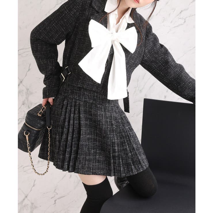 ブラック | 【one after another】サイドベルトツイードショートジャケット | NICE CLAUP / OLIVE des OLIVE　OUTLET