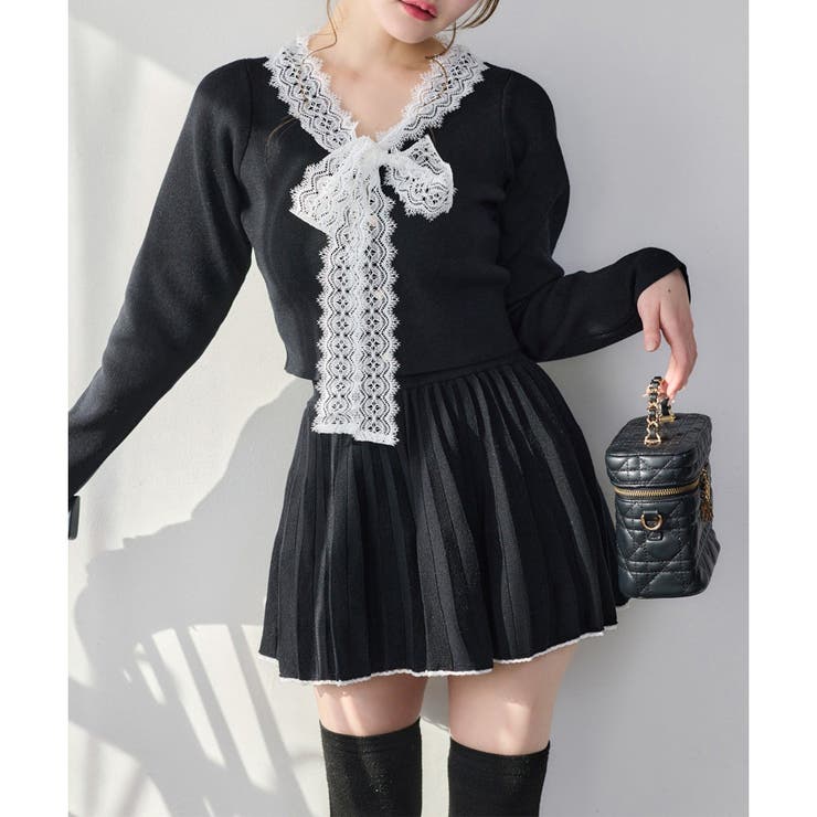 ブラック | 【one after another】レースボウタイニットセットアップ | NICE CLAUP / OLIVE des OLIVE　OUTLET