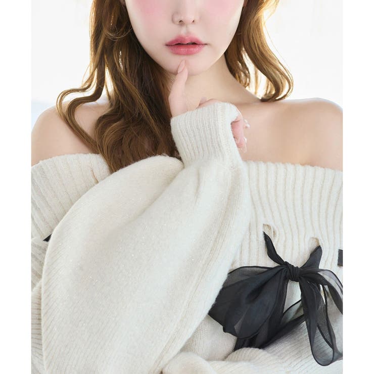 【one after another】リボン付きオフショルニットワンピ | NICE CLAUP / OLIVE des OLIVE　OUTLET | 詳細画像2 