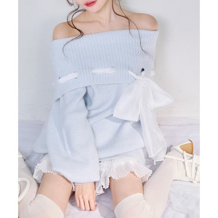 サックス | 【one after another】リボン付きオフショルニットワンピ | NICE CLAUP / OLIVE des OLIVE　OUTLET